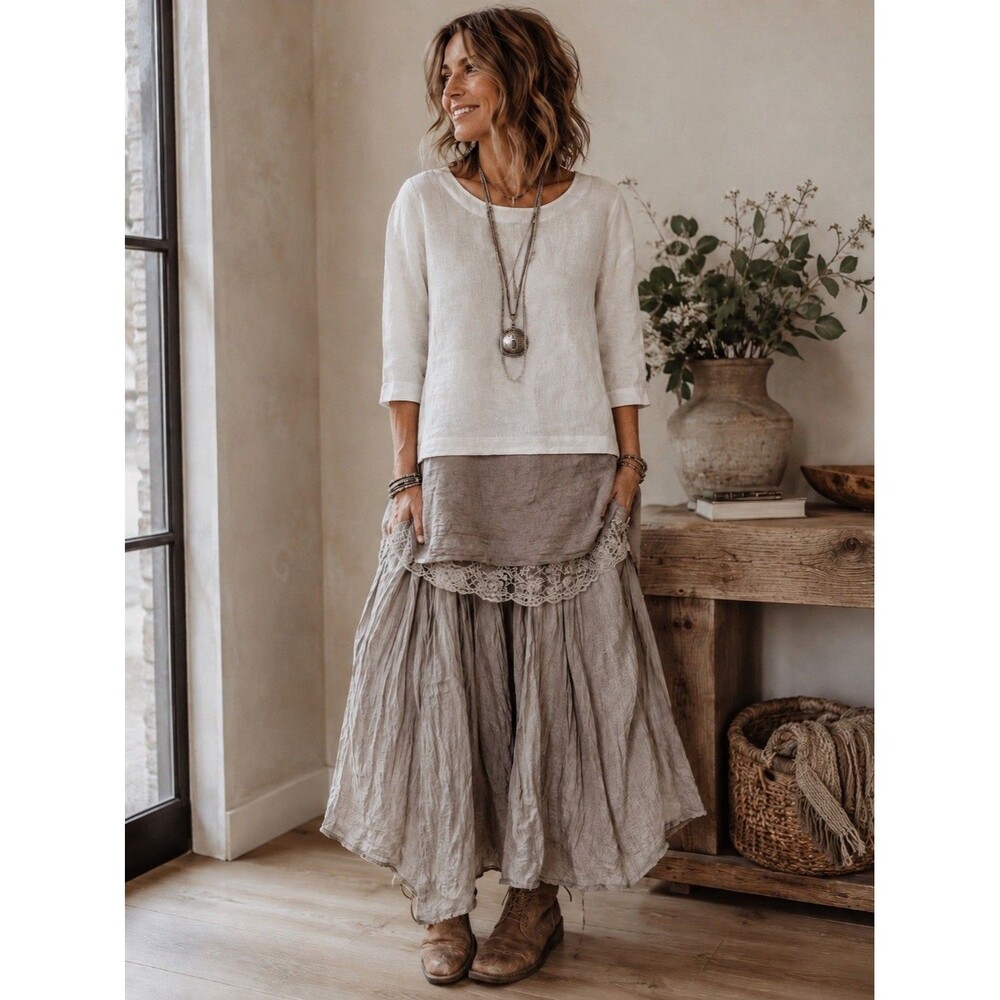 Halston White 100% Linen Tunic Top  Minimalist Chic Boho Lagenlook Size L